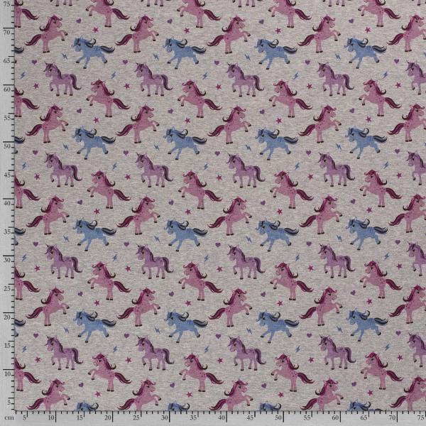 Alpenfleece Druck Einhörner Rosa, Blau auf Grau-melliert